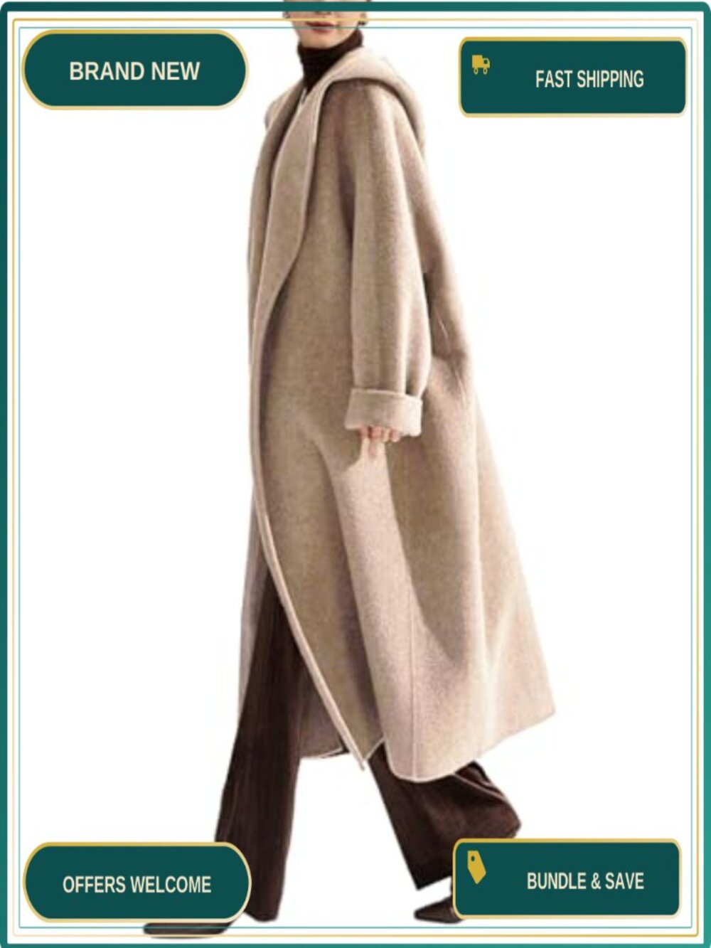 Women's Wool Blend Belted Trench Coat with Hood Open Front Winter Pea Coat
